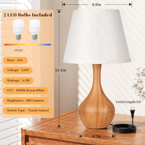 Seealle Touch Table Lamps for Bedroom Set of 2, 3-Way Dimmable Small Bedside Lamps for Night Stands with Wires, Wood-Paint Desk Lamps for Kids Room, Office, Living Room(LED Bulb Included) - color: I. Oatmeal Shade & Wood-paint Base