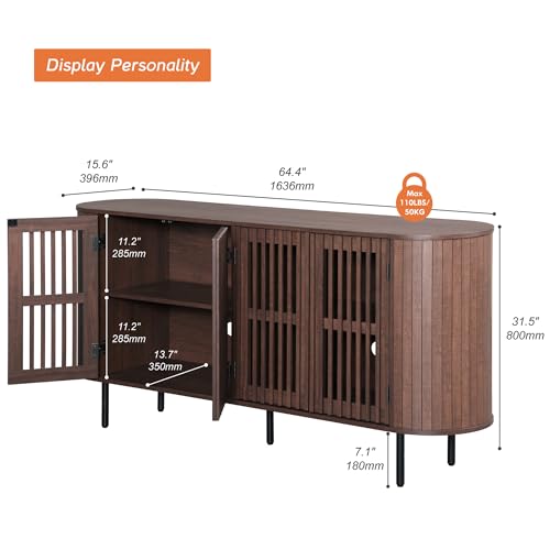 WAMPAT 64.4" Fluted TV Stand, Wood Entertainment Center for TVs Up to 70 inches, Curved Edge Media Console Table with Doors and Shelves for Living Room, Bedroom, Walnut - color: Walnut