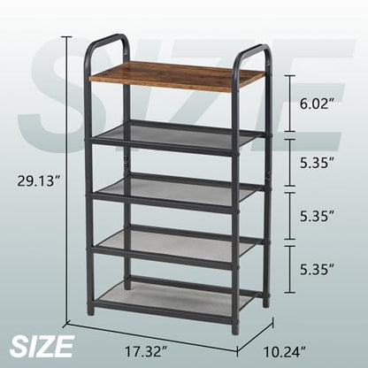 Narrow Shoe Rack, with Heavy-Duty Metal Grid, Rustic Wooden Top, & Metal Guardrails - Transform Your Space with Style and Functionality Living Room, Kitchen, Bedroom, Garage, & Bathroom - size: 17.32" X 10.24" X 29.13"