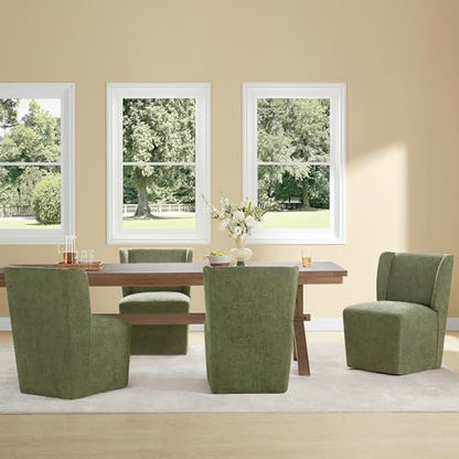 KISLOT Upholstered Dining Chairs Set of 1 with Casters, Wingback Modern Side Armless Deskchair with Rollers for Diningroom Bedroom Livingroom Reading Room, Green Fabric - color: A Green Fabric, size: Set of 1