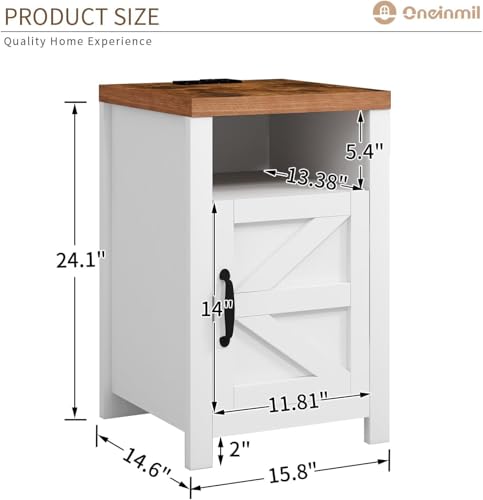 oneinmil End Table with Charging Station, Farmhouse Nightstand with Barn Door, Sofa Side Table with Storage Space 2-Piece Set, Suitable for Livingroom and Bedroom,White - color: White
