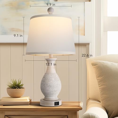 PARTPHONER Traditional Table Lamps Set of 2, Bedside Touch Lamp with USB C+A Charging Ports, Rustic Farmhouse Table Lamps for Living Room Bedroom, Side Table Lamp with White Fabric Shade, Antique Grey - size: Grey 22.6" Touch Lamp