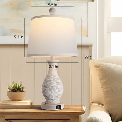 PARTPHONER Traditional Table Lamps Set of 2, Bedside Touch Lamp with USB C+A Charging Ports, Rustic Farmhouse Table Lamps for Living Room Bedroom, Side Table Lamp with White Fabric Shade, Antique Grey - size: Grey 22.6" Touch Lamp