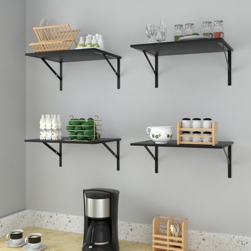 Deep Floating Wall Shelves - 4 Sets of 12 Inch Wide Black Wood Shelves for Bathroom, Bedroom, Kitchen, Living Room - color: Black Shelves