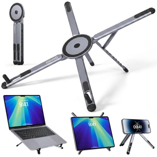 C Coiro 3-in-1 Magnetic Foldable Laptop Stand and Phone Stand for Desk Aluminum Alloy Adjustable Holder 10–16” Laptops & 4–13” Phones/Tablets, Magnetic Compatible with iPhone Android, Silver - color: Silver