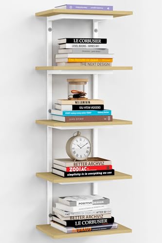 Harwaya White and Natural Tiered Wall Shelf Unit, 5 Tier Display Floating Shelves, Deep Hanging Wall Shelving Unit for Living Room Plants TV, Bedroom Books, Office Décor (White and Natural Wood) - color: White and Natural