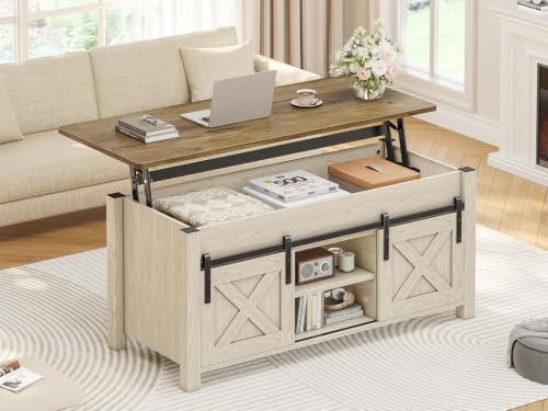 SEDETA Farmhouse Lift Top Coffee Table with Storage for Living Room | Lift Tabletop Dining Table, Gas Spring, Hidden Compartment, Open Storage Shelf, White Brown - color: White Brown, size: 19.7"D x 39.3"W