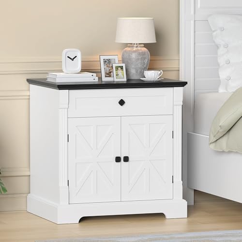 Farmhouse Printer Stand with Storage, 29.9" Wide Home Office Printer Cabinet with Drawer & Barn Doors, Wood Accent Cabinet Nightstand End Table for Living Room Bedroom, Black Top & White Finish