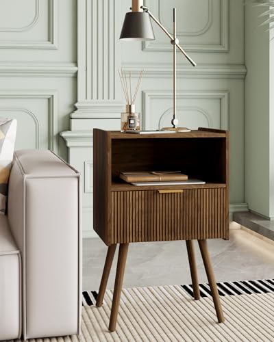 Veegle Nightstand,Modern Bedside Table with Storage Drawer and Open Wood Shelf, Accent Night Stand with Solid Wood Legs for Living Room, Bedroom and Small Spaces,Easy Assembly (Walnut Brown) - color: Walnut Brown-2
