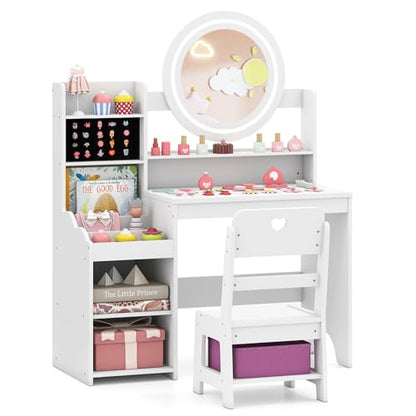 Costzon Kids Vanity, Girls Vanity Set with Mirror and Lights, Jewelry Storage, Shelves, Princess Toddler Makeup Vanity Desk Dressing Table, Wooden Kids Vanity Table and Chair Set (White) - style: White with Jewelry Storage