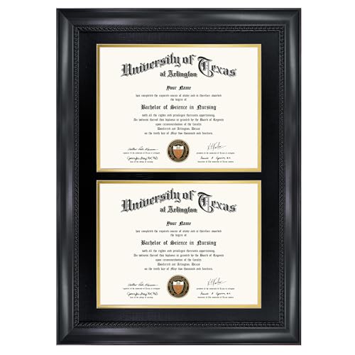 GMFrames Double 8.5x11 Diploma Certificate Frame, Solid Wood & Tempered Glass, Cherry Lacquer Finish & Intricate Rope Detail, Black over Gold Mat - color: Black, size: 14x20 for Double 8.5x11