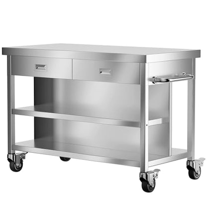 KINGBO 50" Stainless Steel Kitchen Island with Storage, Rolling Kitchen Island Table with 2 Drawers on Wheels, Portable Island Cart for Kitchen, Outdoor, Restaurant, Cafe
