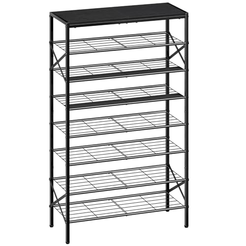 8 Tier Metal Shoe Rack with Wood Top, 24-32 Pairs Black | 52in tall maximizes vertical space. 2 iron sheets for heels. Remove a layer for tall boots. Versatile for home. - color: Black, size: 8-tier
