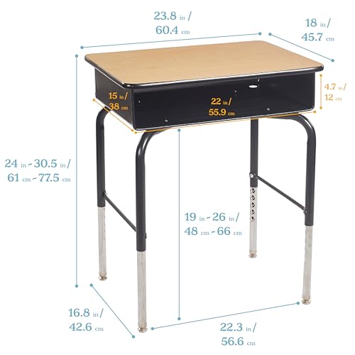 ECR4Kids Open Front Desk with Metal Storage Book Box, Adjustable, Classroom Furniture, Maple/Black - color: Maple and Black