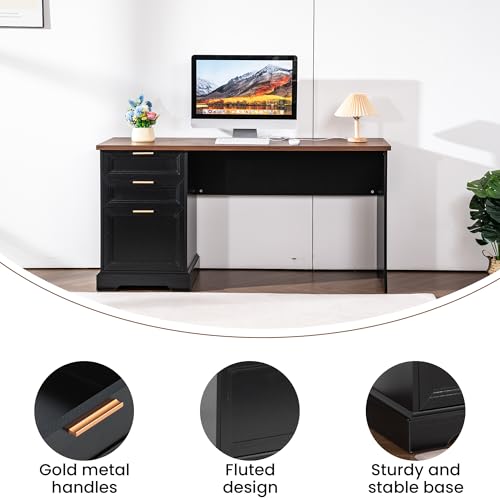 60" Farmhouse Executive Desk with Charging Station,Home Office Desk with 2 Drawers &1 File Cabinet,Wood Work Desk for Office and Home - color: Walnut & Black
