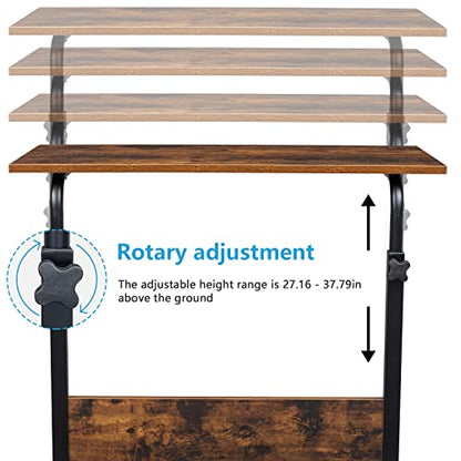 Karl home Mobile Side Table 31.5 Inch Computer Desk with Wheels Height Adjustable Rolling Potable Laptop Cart, C-Shaped Bed Couch End Tables with Edge Stopper for Livingroom Bedroom, Rustic Brown - color: Rustic Brown, size: 31.5"+No Power Sockets