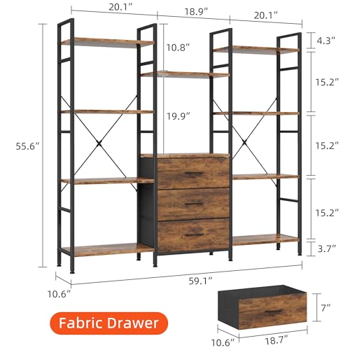AFLUI Triple Bookshelf with 3 Fabric Drawers, 4-Tier Book Shelf and 10 Display Shelves, Industrial Large Bookcase for Home & Office, Rustic Brown, 59'' Wide - color: Rustic Brown, size: 4 Tier(59" W)