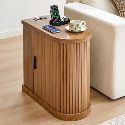 Turtle&Myrtle Nightstands with Charging Station, Narrow Side Table with Storage Doors and Shelves, Mid-Century Modern Bedside Table for Small Spaces Bedrooms, Walnut - style: Mid-Century Modern