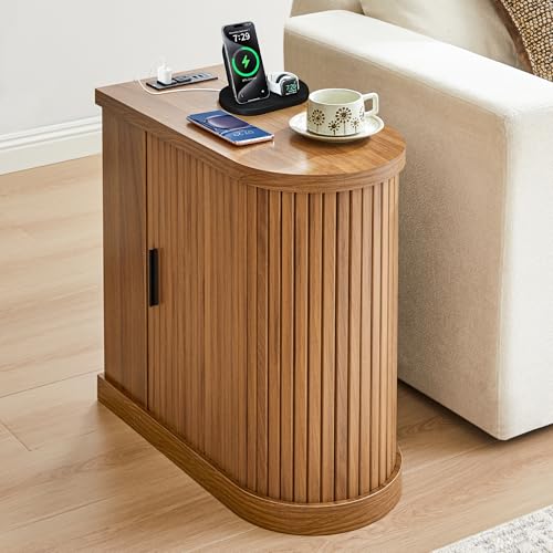 Turtle&Myrtle Nightstands with Charging Station, Narrow Side Table with Storage Doors and Shelves, Mid-Century Modern Bedside Table for Small Spaces Bedrooms, Walnut - style: Mid-Century Modern