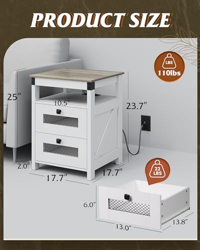WLIVE Nightstand with Charging Station, Farmhouse End Table, Bed Side Table with 2 Storage Drawers and Open Shelf, Wood Rustic Nightstands for Bedroom, White and Greige - color: Greige and White, style: Farmhouse