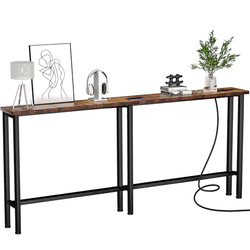 Keelian 70" Narrow Console Sofa Table - Power Outlets & 2 USB Ports, Metal Frame, Rustic Brown, Perfect for Hallway, Office, and Behind Sofa - Easy Assembly, 4.9' Extension Cord Included - color: Rustic Brown, size: 70IN