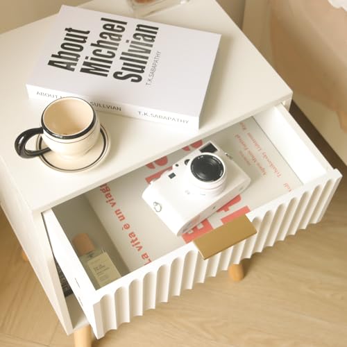 Fultyle White Nightstand, Modern Bedside Table with Drawer and Open Storage, Fluted End Side Table Living Room with Solid Wood Legs for Bedroom (White) - color: White