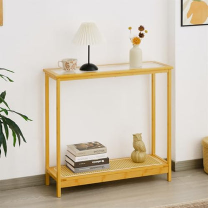 Bamboo Narrow Console Table, 31.5"(L) Wood Small Entryway Table with Rattan and Glass, Accent Slim Hallway Tables, Thin Sofa Side Tables for Hallway, Living Room, Foyer, Burlywood - color: Burlywood 31.5"(l)