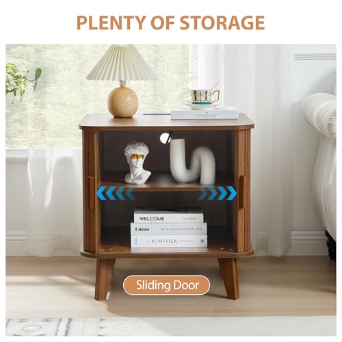 AVZEAR 24" Large Square End Table with Charging Station, Farmhouse Fluted Sofa Side Table with Sliding Tambour Door & Storage, Curved Rustic Wood Nightstand for Living Room, Bedroom, Walnut - color: Walnut