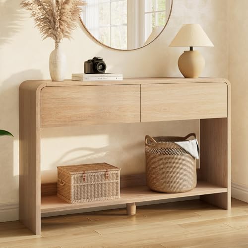 AMERLIFE 45" Modern Entryway Console Table with 2 Storage Drawers | Open Bottom Shelf, Wood Grain Finish, Rounded Edges, Long Sofa Table, Behind Couch, Hallway, Foyer, Living Room, Natural Oak - color: Natural Oak - Flat Panel, size: 45"