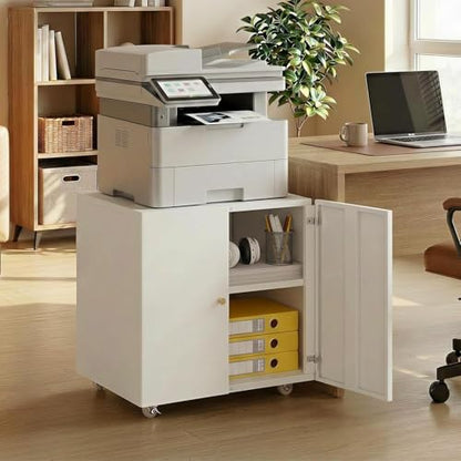 Metal Printer Stand with Storage Cabinet & Wheels, Heavy Duty Rolling Printer Cart with Adjustable Shelf, Large Printer Table for Home Office, Under Desk Printer Cabinet, White 23.6” H