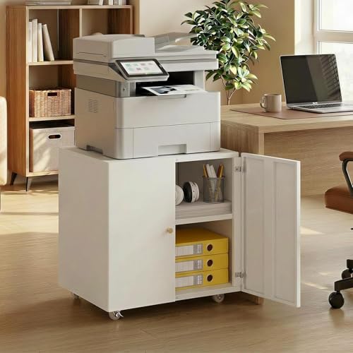 Metal Printer Stand with Storage Cabinet & Wheels, Heavy Duty Rolling Printer Cart with Adjustable Shelf, Large Printer Table for Home Office, Under Desk Printer Cabinet, White 23.6” H