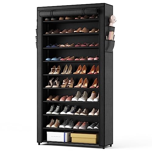 ROJASOP 10 Tier Shoe Rack with Covers,Large Capacity Stackable Tall Shoe Shelf Storage to 50-55 Pairs Shoes and Boots Sturdy Metal Free Standing Shoe Rack Organizer for Closet Entryway Garage - color: Black, size: 33.8"W - 10 Tier