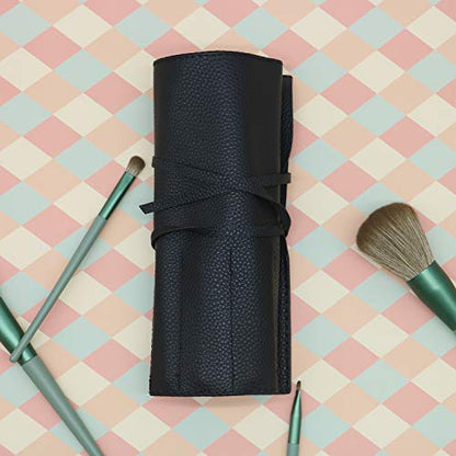 Bird&Fish Makeup Brush Case Travel, makeup brush case roll up,brush holder makeup,Holder Organizer Brushes Pouch Cosmetic Bag for Travel，Rolling Bag Storage Case PU Leather - color: Black