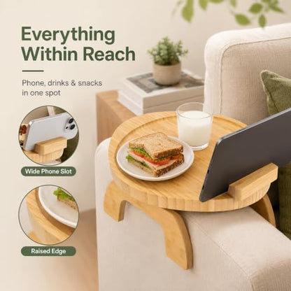 Couch Arm Tray Table Oval, Bamboo Clip-On Sofa Armrest Snack Tray with 360° Phone Holder, Collapsible Cozy Sofa Armrest Tray Bamboo Side Table for Drinks, Food or Something Else (1-Pack) - color: Round Natutal