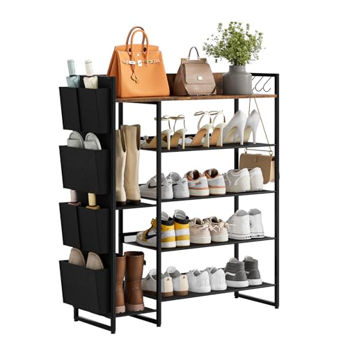 Brown 5-Tier Shoe Organizer - Free Standing Shoe Rack with Storage Bag for High Heels, Entryway, Hallways, Closets, Dormitory Rooms - size: 5 Tier with Side Bag