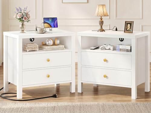 Aheaplus Nightstand with Charging Station, 23.6'' Large Bed Side Table with Wooden 2 Drawers, Night Stand for Bedroom, End Table with Open Storage Shelf for Living Room, Set of 2, White - color: White