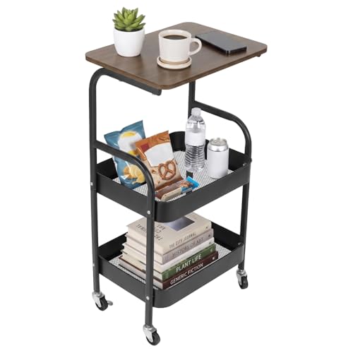 ZALIR 3 Tier Metal Rolling Utility Cart, Movable Storage Trolley with Wooden Table Top, Lockable Wheels, Multifunctional Organizer for Kitchen, Bathroom, Living Room & Bedroom (Black)