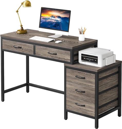 Tribesigns Computer Desk with 5 Drawers, Home Office Desks with Reversible Drawer Cabinet Printer Stand, Industrial PC Desk with Storage, Grey Study Writing Table Workstation for Small Spaces - color: Grey