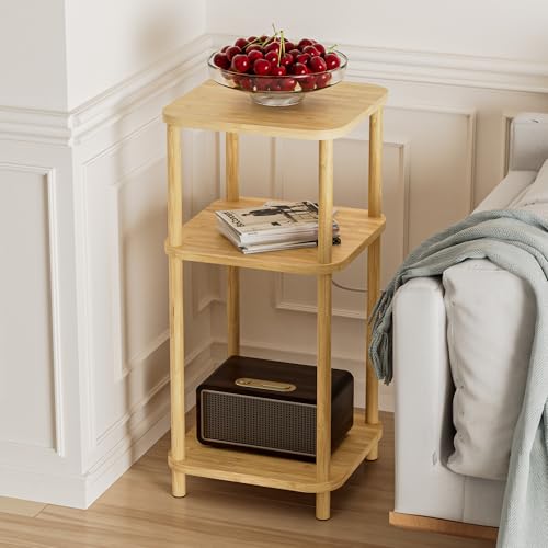 Bamboo End Table with Charging Station, Side Table for Small Space, Small Table Stand, Narrow Wooden Bedside Table Nightstand with Shelves, for Nursery, Living Room, Bedroom, Natural - color: Natural