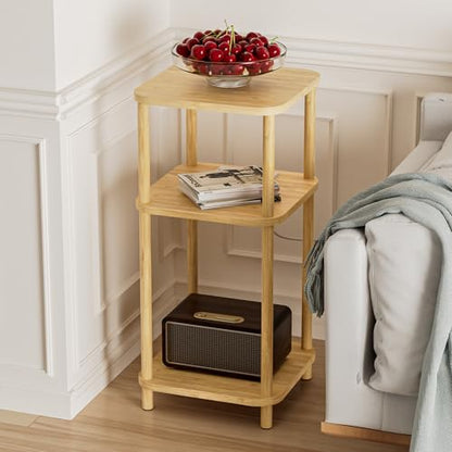 Bamboo End Table with Charging Station, Side Table for Small Space, Small Table Stand, Narrow Wooden Bedside Table Nightstand with Shelves, for Nursery, Living Room, Bedroom, Natural - color: Natural