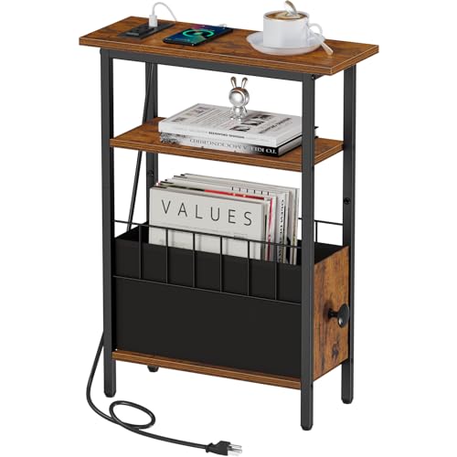 Snughome Narrow Side Table with Charging Station, Slim End Table for Small Spaces, 3 Tier Skinny Nightstand with Drawer, Sofa Beside Table with Storage Shelf for Living Room Bedroom - color: Rustic Brown
