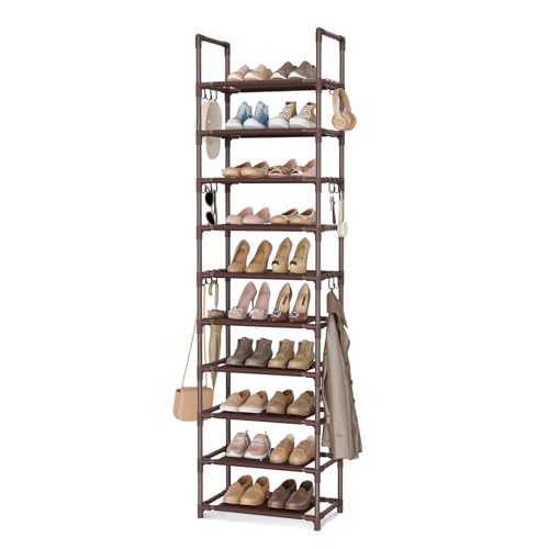 VTRIN 10 Tiers Tall Shoe Rack Holds 20-25 Pairs of Shoes Sturdy Vertical Shoe Organizer with 18pcs Hooks Stackable Narrow Shoe Rack for Closet, Entryway Brown - color: Brown, size: 17" Wide - 10 Tier