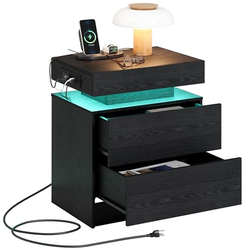 LIKIMIO Nightstand with Charging Station LED Light and 2 Drawers Black | bedside table; end table; charging station; LED light; 2 drawers; black wood grain; small spaces - color: Black