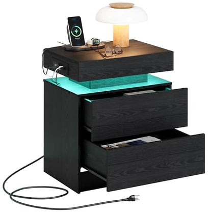 LIKIMIO Nightstand with Charging Station LED Light and 2 Drawers Black | bedside table; end table; charging station; LED light; 2 drawers; black wood grain; small spaces - color: Black