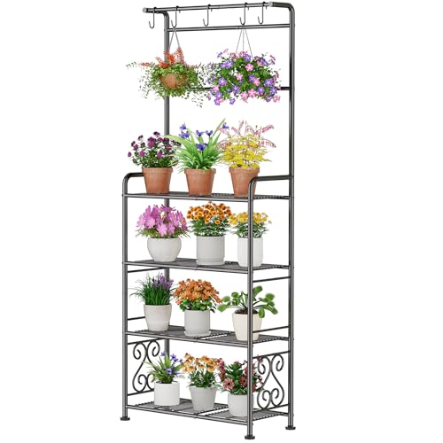 Plant Stand Indoor Outdoor Heavy Duty Metal - 68.4" Tall 4-Tier Shelf for Multiple Plants, Flowers, Rustproof Black Storage Rack for Patio, Balcony, Living Room, Garden, Includes Hooks&Adjustable Feet - size: A-4Tier-2Hanger