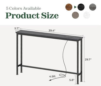 SUPERJARE 5.7 Inch Console Table with Outlet, Sofa Table, Behind Couch Table, 5.7 x 39.4 x 29.7 Inches, Metal Frame, Charging Station, for Living Room, Black - color: Black, size: 5.7''D x 39.4''W x 29.7''H