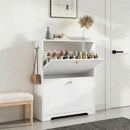 Nicetree Shoe Cabinet with 2 Flip Drawers, Narrow Shoe Organizer Cabinet, Freestanding Shoe Rack Cabinet, Modern Shoe Storage Cabinet for Entryway, Hallway, Foyer, White with Hook - color: White, style: 2-Drawers with Hook