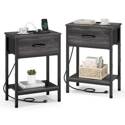 Vagusicc Nightstand Set of 2 with Charging Station, Bed Side Table with Fabric Drawer, Small End Table with 2-Tier Open Shelves, 25.4" Tall Night Stand Bedside Table for Bedroom Living Room, Black Oak - color: Black Oak (2 Pack)