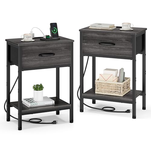 Vagusicc Nightstand Set of 2 with Charging Station, Bed Side Table with Fabric Drawer, Small End Table with 2-Tier Open Shelves, 25.4" Tall Night Stand Bedside Table for Bedroom Living Room, Black Oak - color: Black Oak (2 Pack)