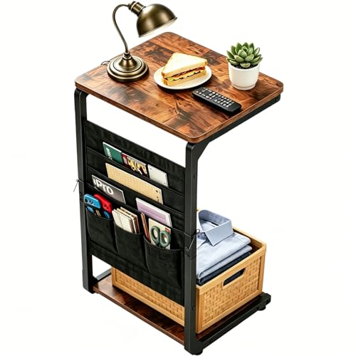 TV Tables for Eating Over Couch, Sofa Side Table Tray Dinner Recliner Chair | TV Trays on Couch Tables that Slide Under, Small Laptop C Shaped End Stand, Snack Food Breakfast Drink, Living Room ET-P-BRW1 - color: Rustic Brown